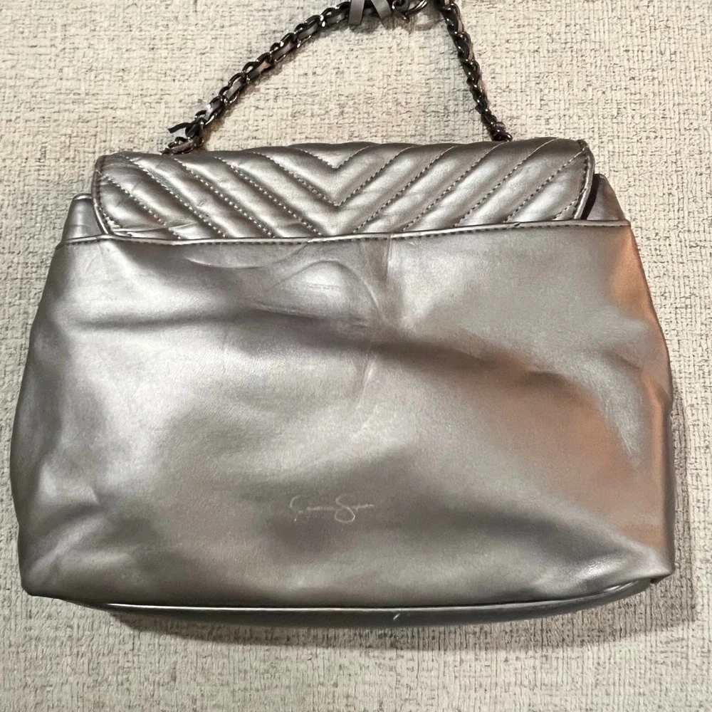 Jessica Simpson Quilted Chevron Flap Shoulder Bag Silver Metallic Chain Strap‎